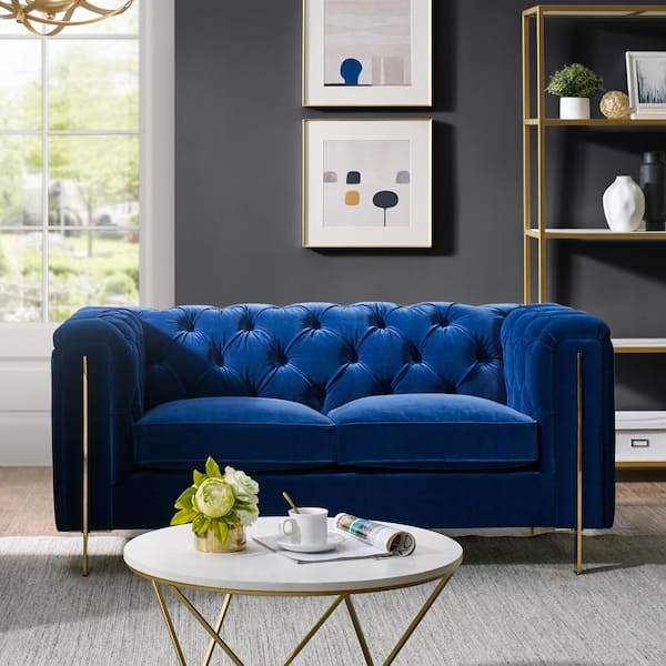 Channel Tufted Loveseat in Blue Velvet with Silver Legs