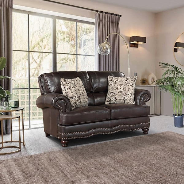 Channeled Tufted Brown Faux Leather Loveseat