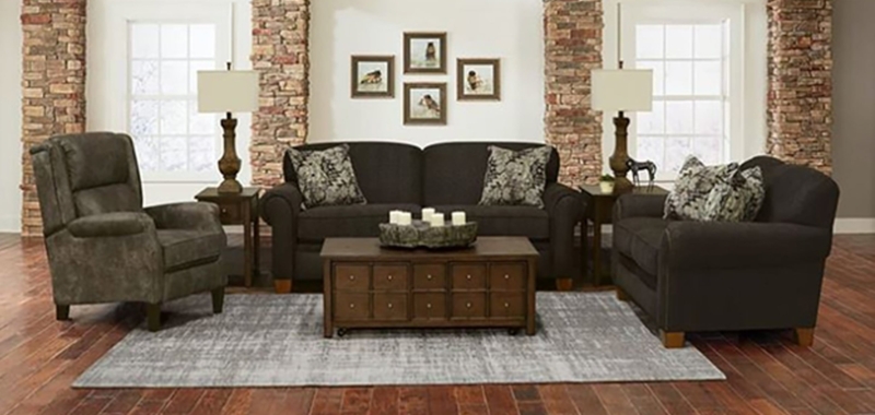 Charcoal Fabric Loveseat with Bolster Pillows and Tapered Wood Legs