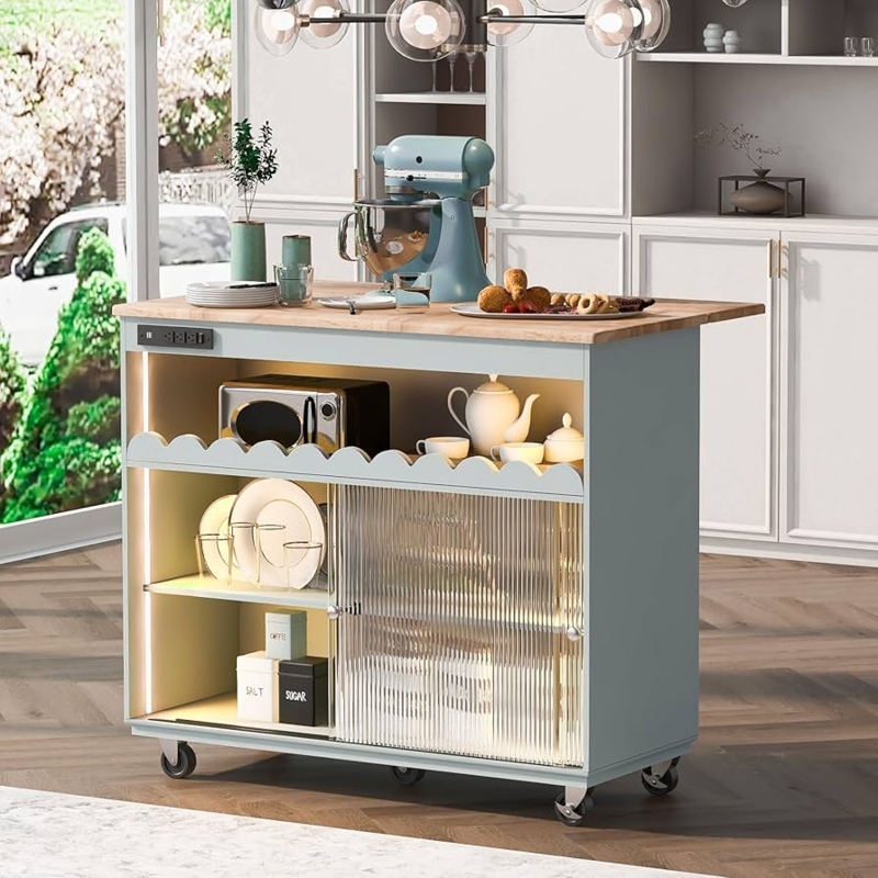 Charcoal Gray Industrial Kitchen Island Cart with LED Lighting