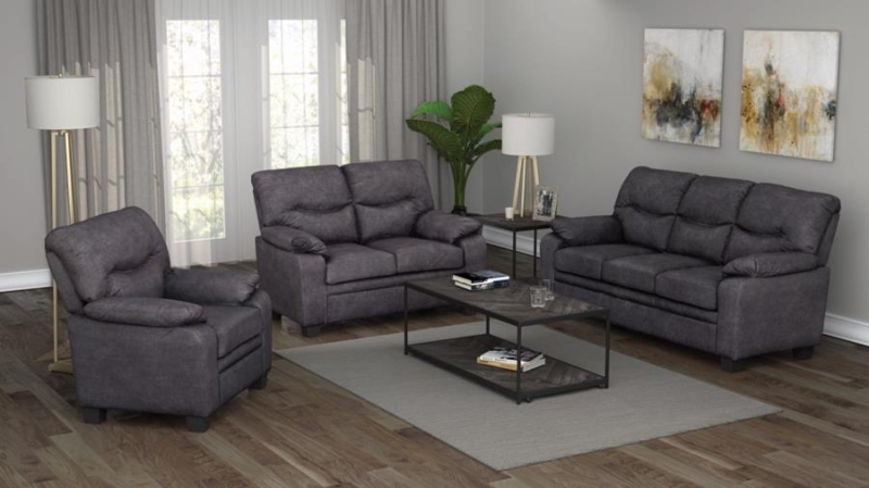 Charcoal Gray Loveseat with Box Cushions and Tapered Wood Legs