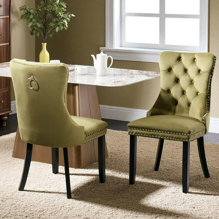 Charcoal Gray Velvet Dining Chairs with Button Tufting and Nailheads
