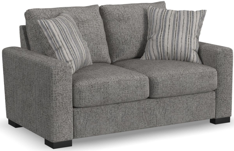 Charcoal Grey Loveseat with Channel Tufting and Chrome Sled Base.