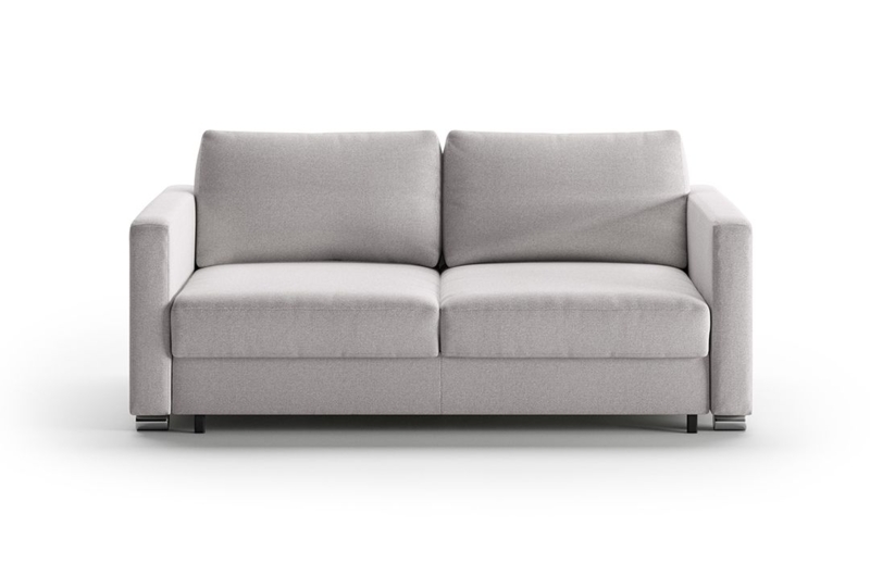 Charcoal Grey Sleeper Loveseat with Track Arms and Metal Stiletto Legs.