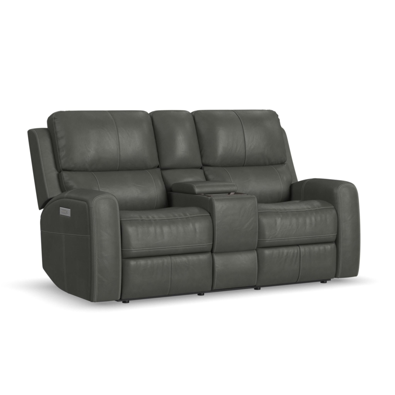 Charcoal Leather-like Power Reclining Loveseat with Cupholders