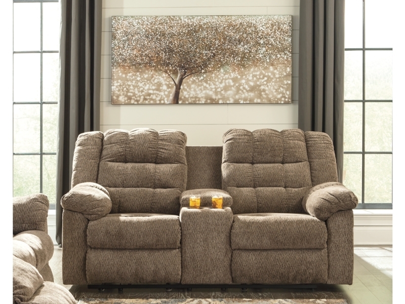 Charcoal Reclining Loveseat with Console, Woven Fabric Jumbo Stitching