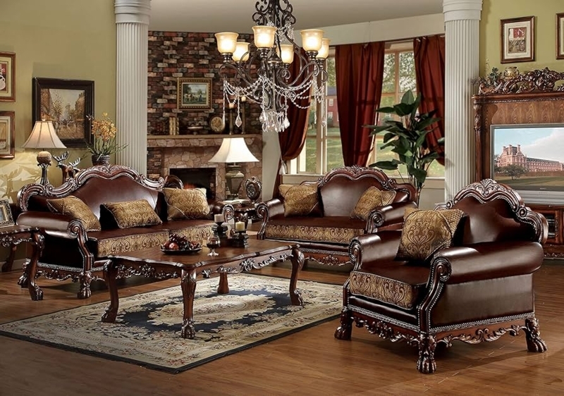 Cherry Wood Living Room Set with Gold Accents