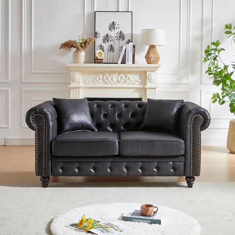 Chesterfield Loveseat Black Leather-Like Tapered Legs Compact