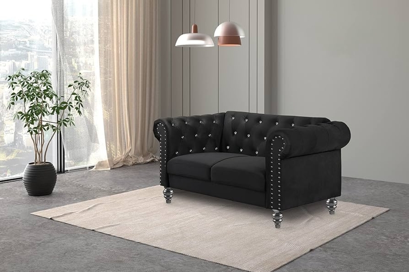 Chesterfield Loveseat Black Velvet with Crystal Tufting