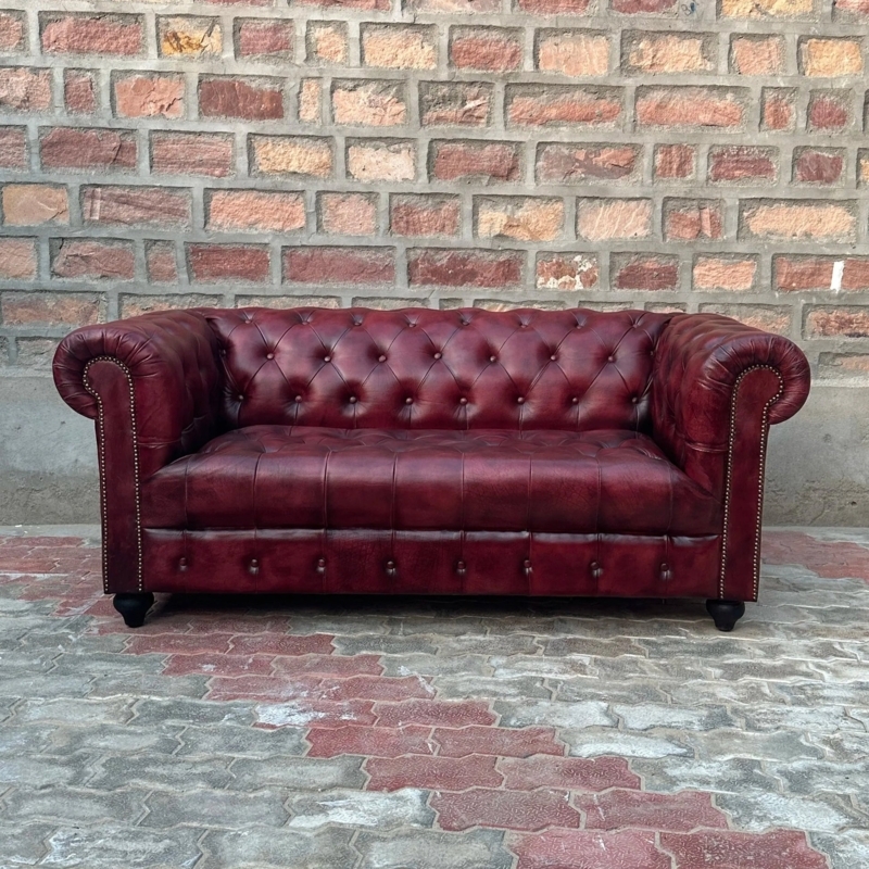 Chesterfield Loveseat Burgundy Leather-Like Traditional Style