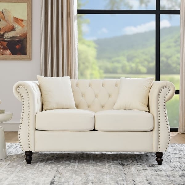 Chesterfield Loveseat Cream Velvet-Like with Nailhead Trim