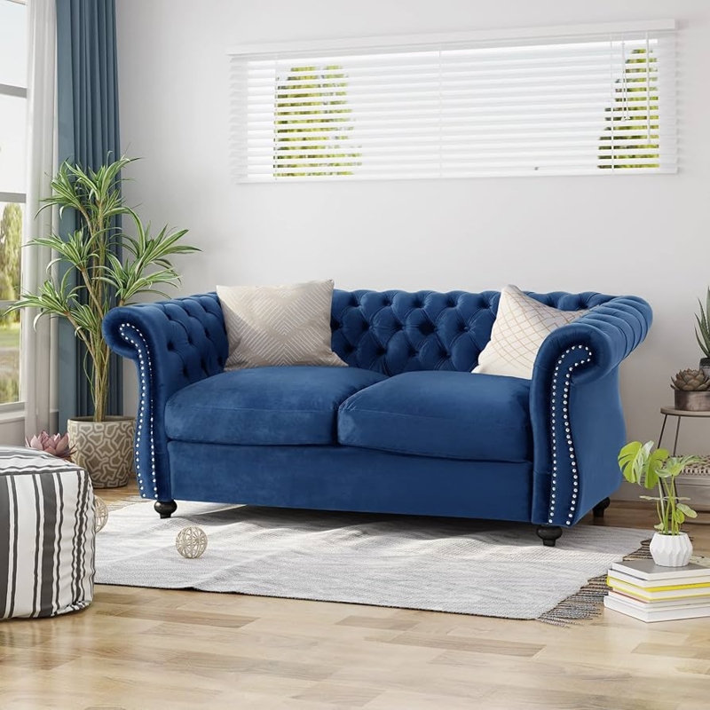 Chesterfield Loveseat in Deep Blue with Brass Nailhead Trim and Casters