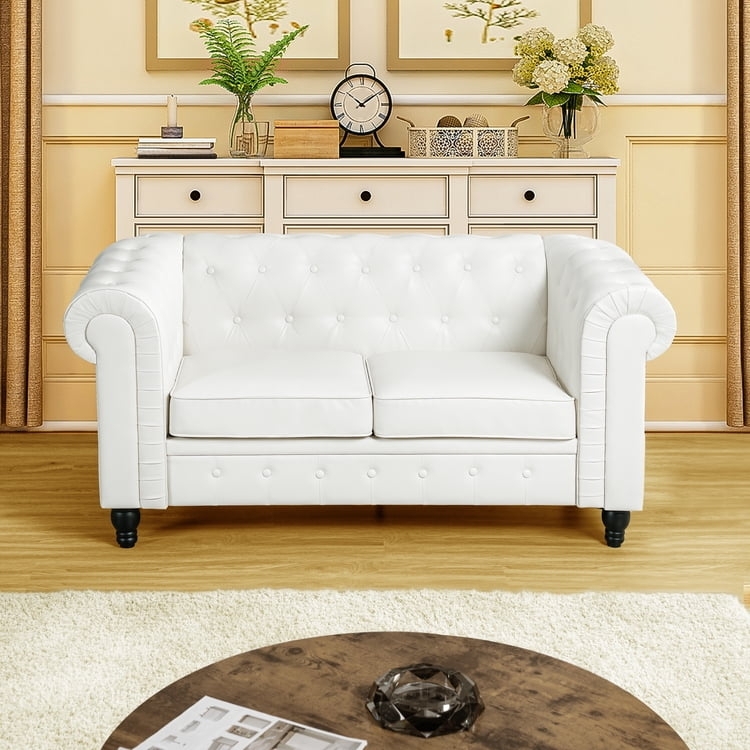Chesterfield Loveseat, White, Glam Living Room Seating with Nailhead Trim