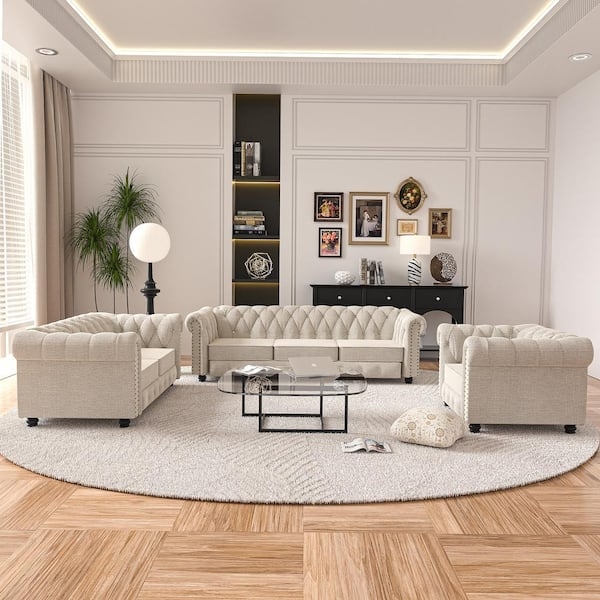 Chesterfield Set Beige Linen-Like Fabric Tufted Seating Group