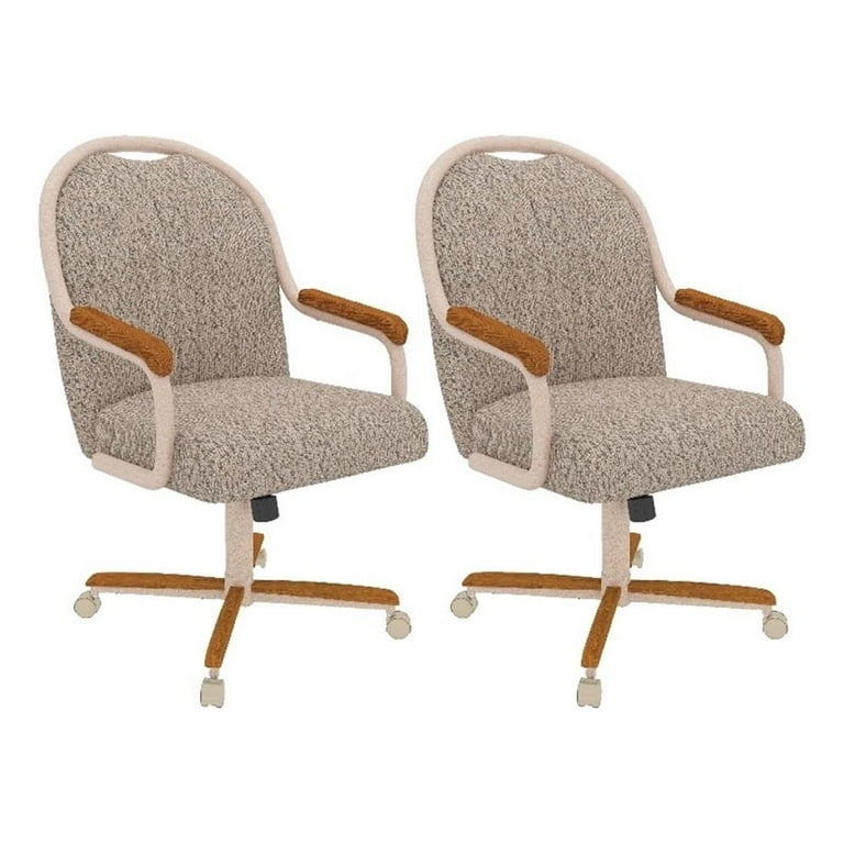 Chestnut Wood Swivel Dining Chairs, Light Sand Fabric with Casters