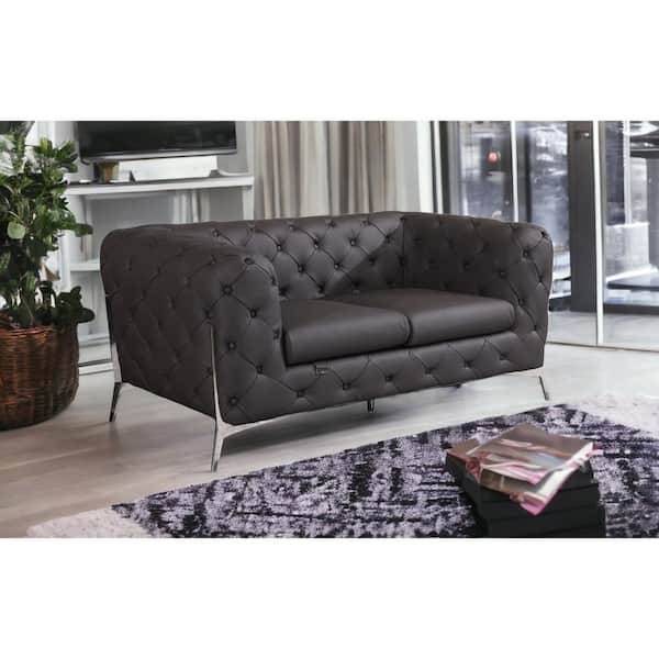 Chocolate Brown Loveseat featuring Tuxedo Arms and Slim Chrome Legs.