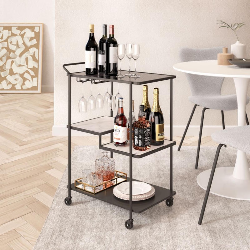 Circular Frame Bar Cart Black Metal With Glass Shelves