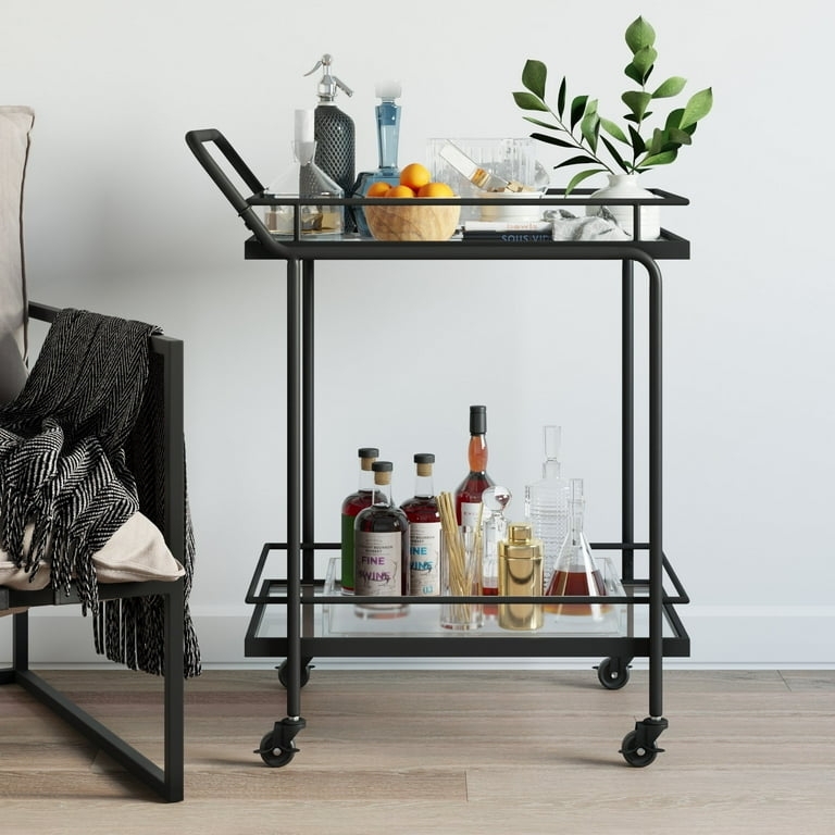 Circular Glass Bar Cart Matte Black Metal Frame Rolling