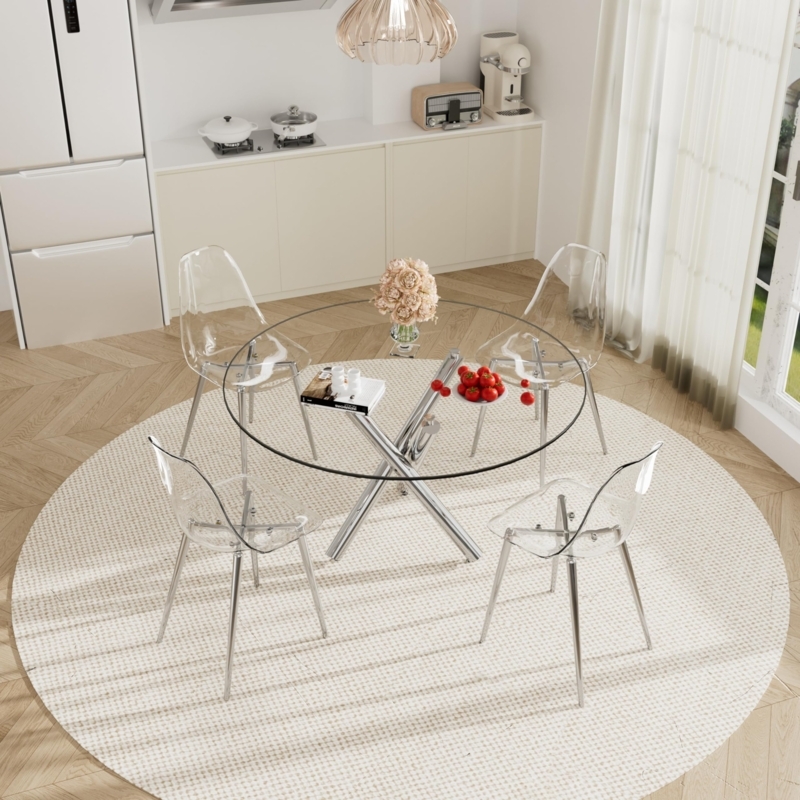 Circular Glass Dining Set with Chrome Legs and Clear Acrylic Chairs