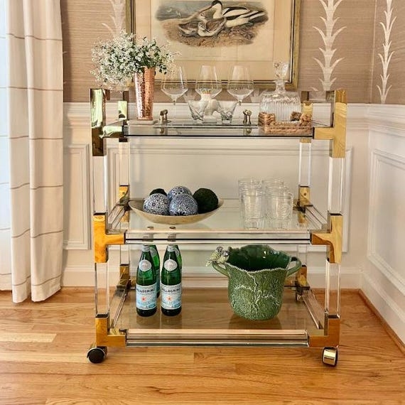 Clear Acrylic Bar Cart with Lucite Frame and Modern Gold Accents