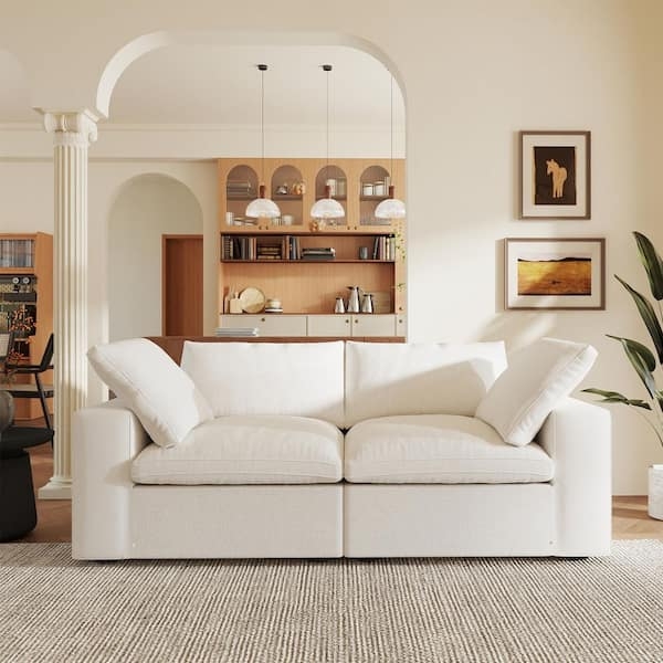Cloud-Style Loveseat White Linen-Like Plush Oversized Seating