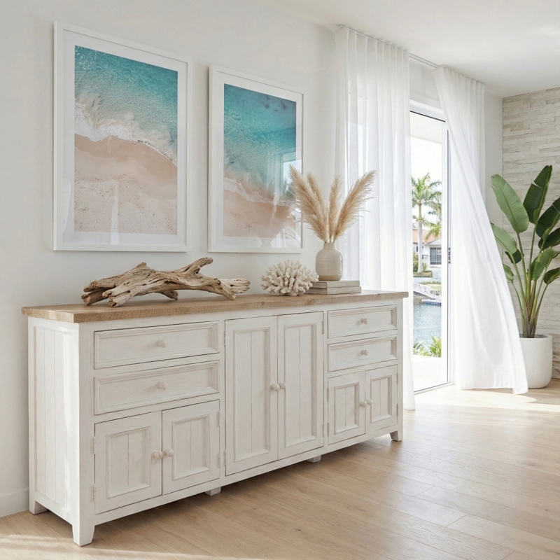 Coastal Buffet with Wood Top, Louvered Doors and Plinth Base