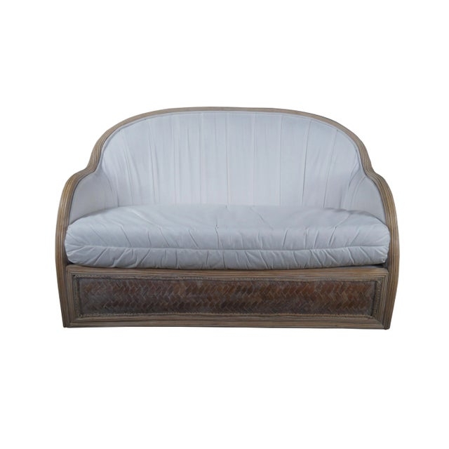 Coastal Chic Rattan Barrel Back Loveseat with Split Reed Weave and White