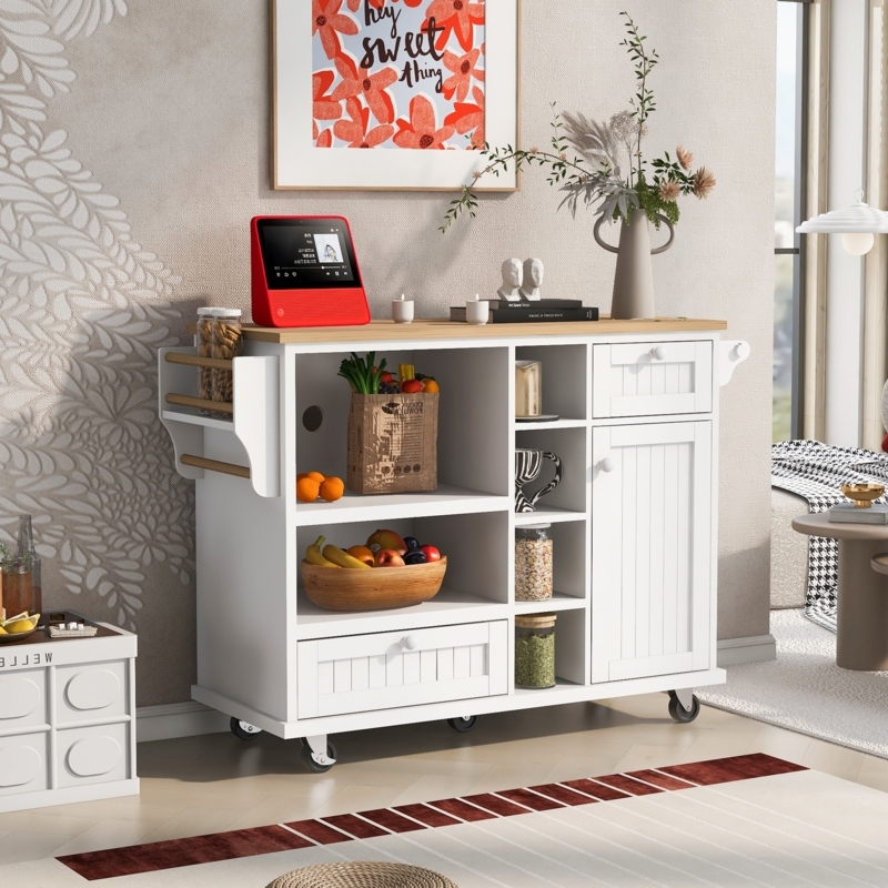 Coastal Kitchen Island Cart with Natural Grain Countertop and Spice Rack