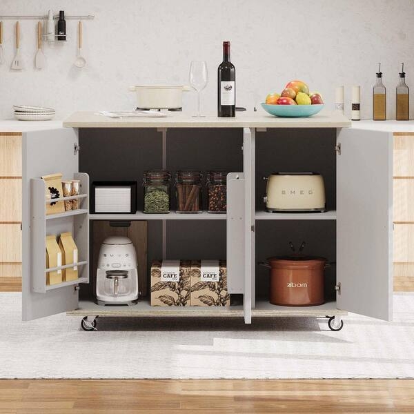 Coastal Kitchen Island Yellow Base with Cup Pulls & Spice Rack Attachment