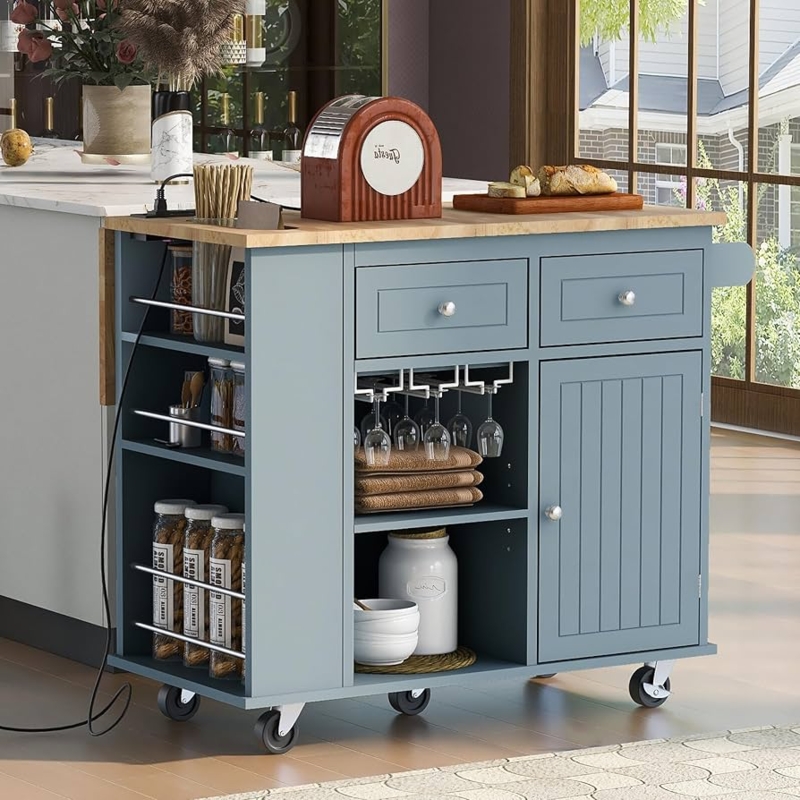 Coastal Navy Kitchen Island with Glass Cabinet Doors