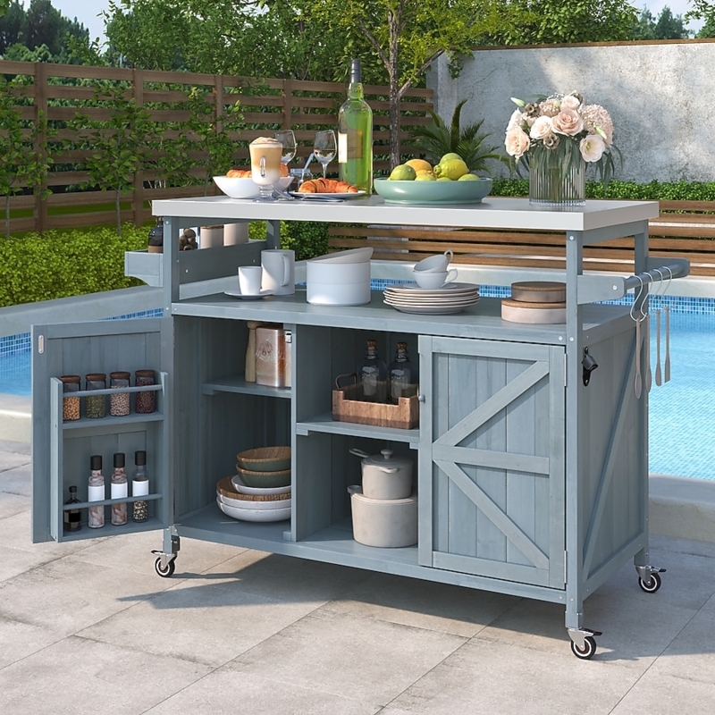 Coastal Outdoor Kitchen Island, Grey Blue with Stainless Top