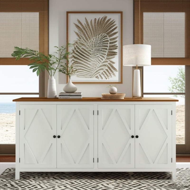 Coastal Sideboard with Woven Panels and Integrated Bottom Drawers