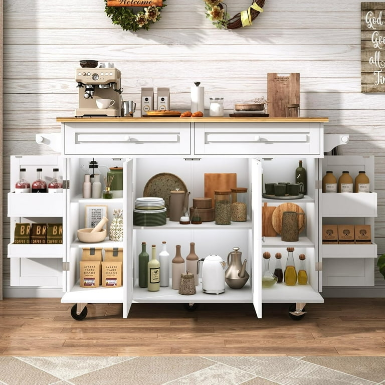 Coastal Style Kitchen Cart Slatted Doors Butcher Block Drop Leaf