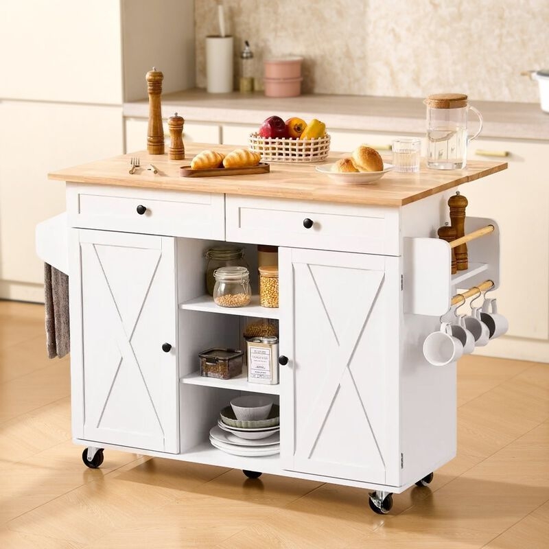 Coastal Style White Kitchen Cart with Slatted Doors & Wood Top