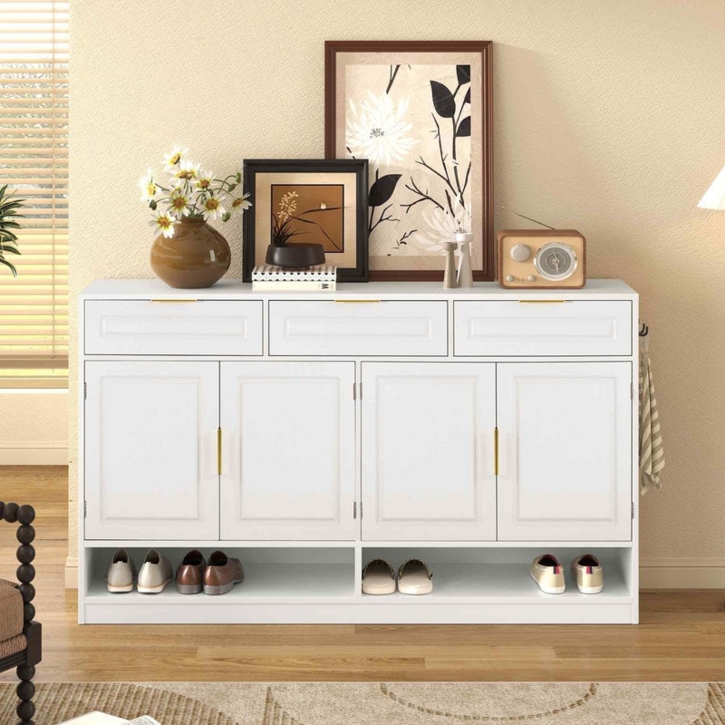 Coastal White Buffet Sideboard with Shutter Doors and Open Storage