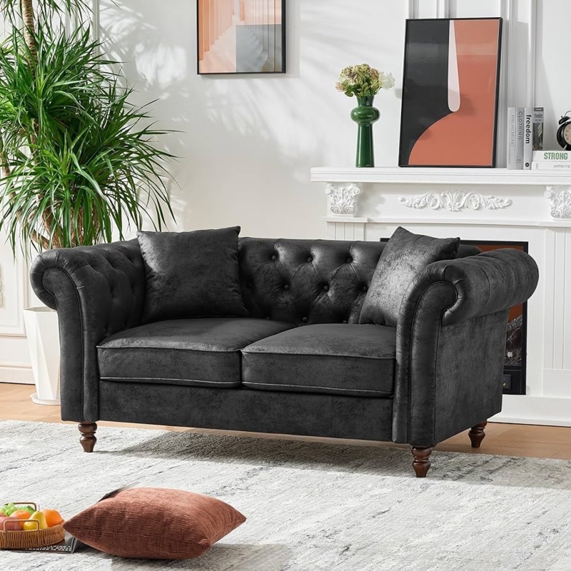 Cognac Air Leather Loveseat with Rolled Arms and Button Tufting