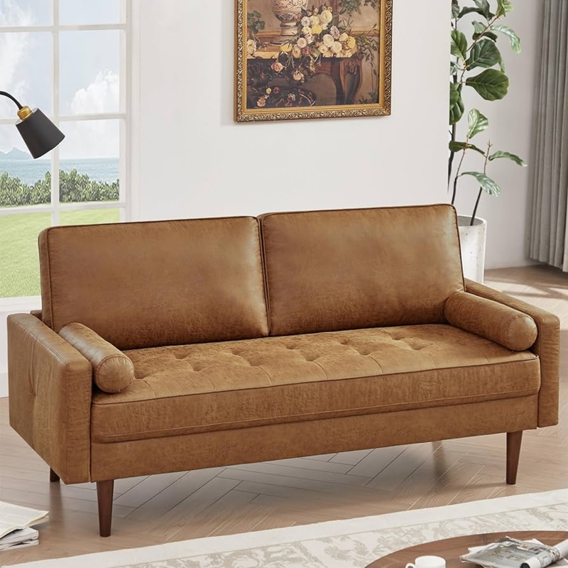 Cognac Faux Leather Loveseat with Matching Bolster Pillows