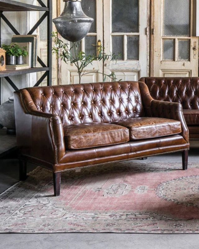 Cognac Leather-Like Chesterfield Loveseat with Diamond Tufting & Brass Trim
