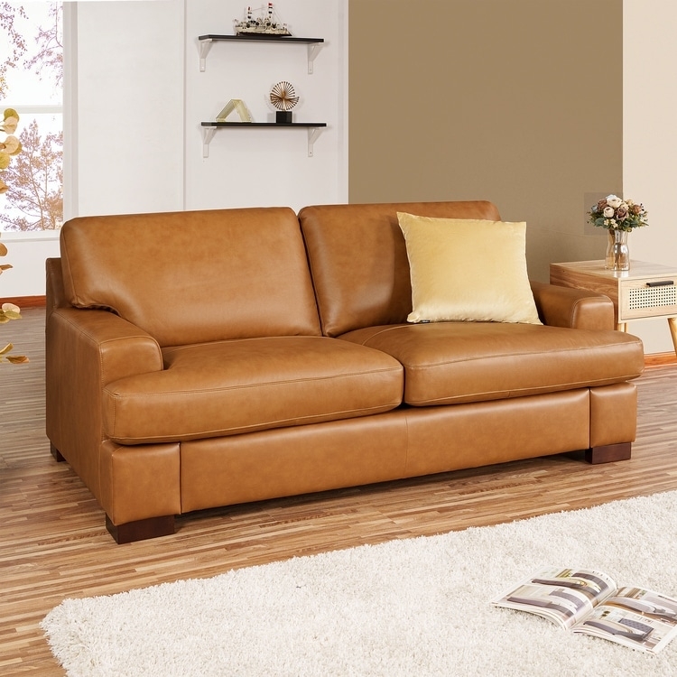 Cognac Leather Loveseat, Square Arms, Industrial Loft Living Room Seating