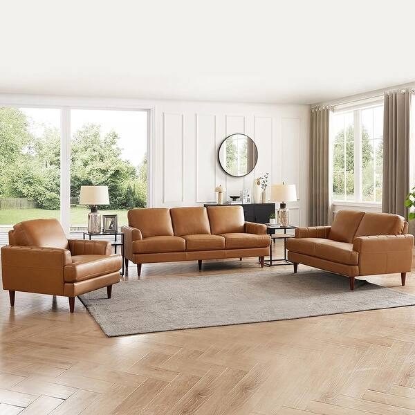 Cognac Living Room Set, Tapered Wood Legs, Mid-Century Silhouette