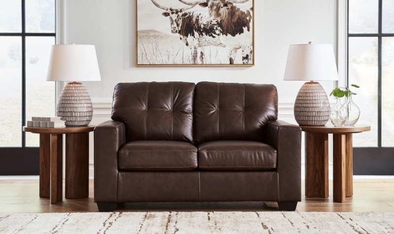Cognac Loveseat including Bolster Pillows, Small Space Apartment Seating