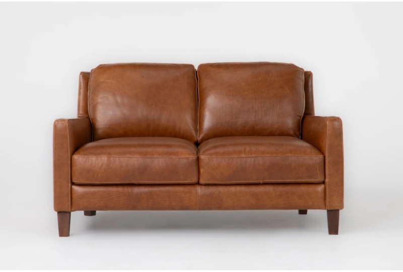 Cognac Loveseat, Track Arms, Tapered Wood Legs, Mid Century Modern