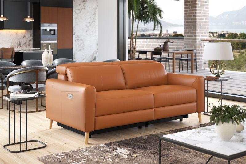 Cognac Reclining Loveseat, Adjustable Headrests, Power Recline, Modern