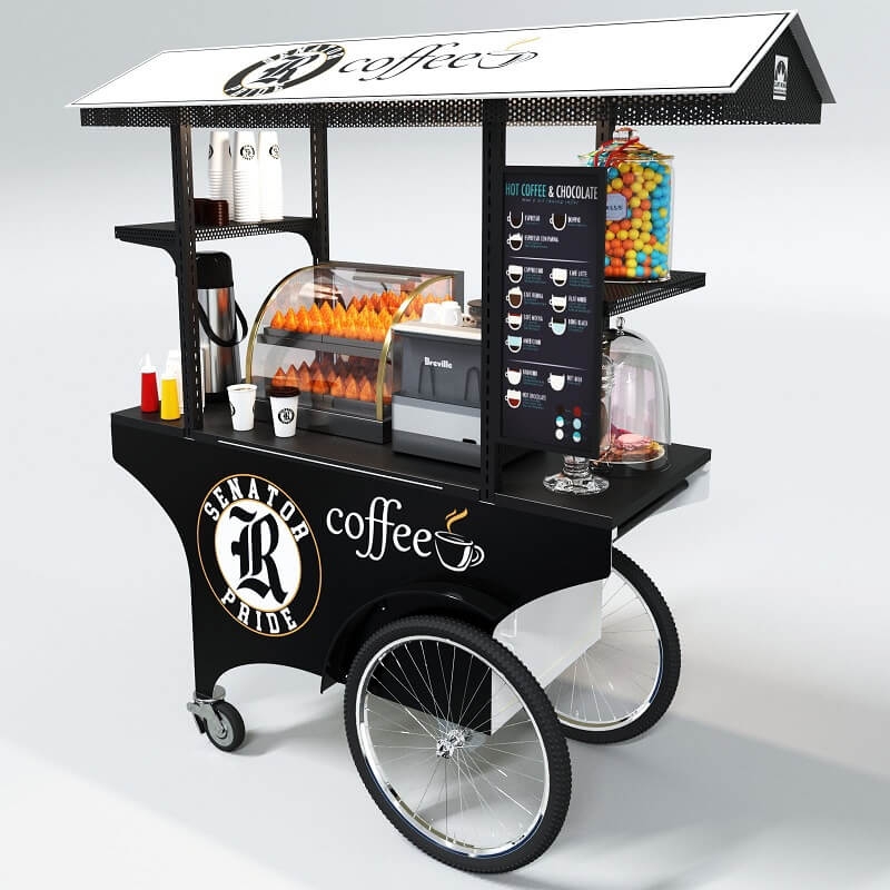 Commercial Outdoor Push Cart, Industrial Mobile Kiosk, Dark Wood