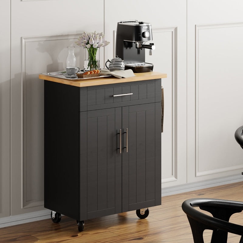 Compact Black Kitchen Island Cart, Wood Top, Side Storage, Small Space