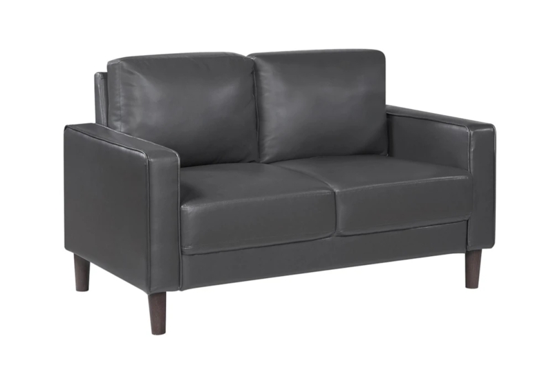 Compact Charcoal Grey Faux Leather Loveseat with Track Arms