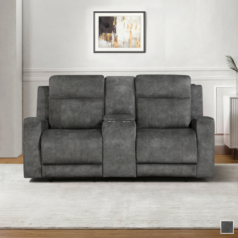 Compact Dark Brown Microfiber Reclining Loveseat with Pillow Top Arms.