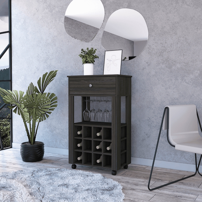 Compact Espresso Bar Cart Cabinet with Glass Doors and Casters