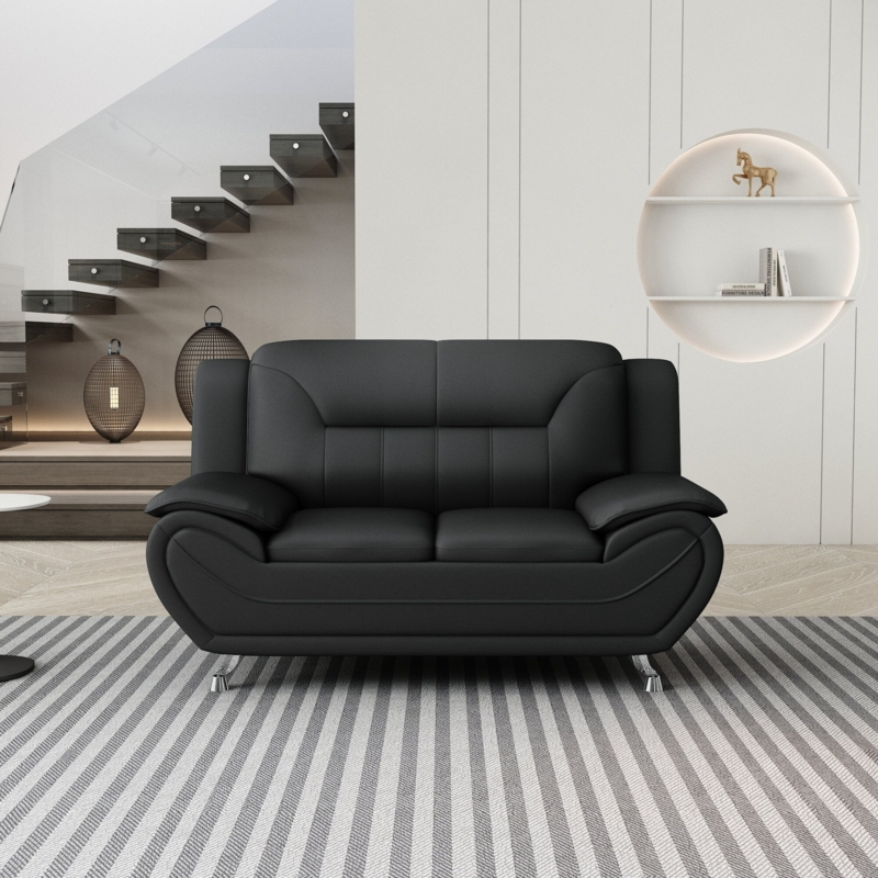 Compact Faux Leather Loveseat in Black with Modern Block Feet