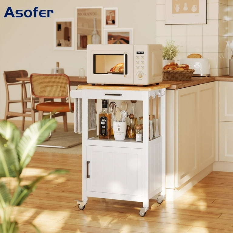 Compact Kitchen Cart White Natural Wood Top Drawer